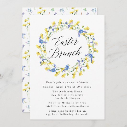 黄色のタンポポと青いフローライースターブランチ 招待状 (正面/裏面)