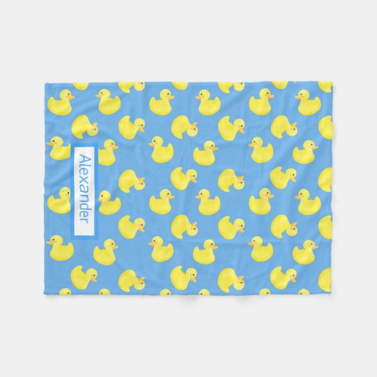 黄色のダッキー(アヒルちゃん)を青の背景にカスタマイズ フリースブランケット (正面(横))
