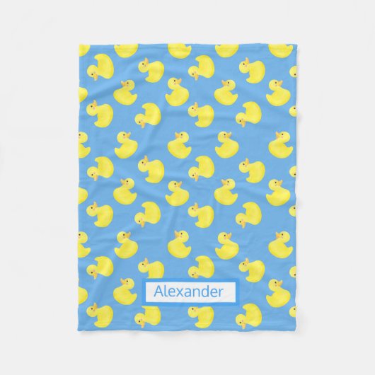 黄色のダッキー（アヒルちゃん）を青の背景にカスタマイズ フリースブランケット (正面)