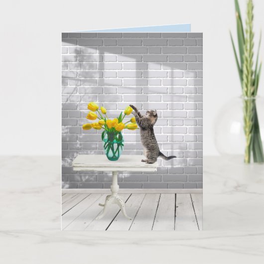 黄色のチューリップ名の日付の猫 カード (正面)