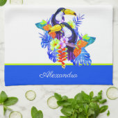 黄色のティール（緑がかった色）トカンの鳥の熱帯花 キッチンタオル (折り畳み)