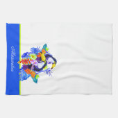 黄色のティール（緑がかった色）トカンの鳥の熱帯花 キッチンタオル (横)