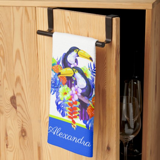 黄色のティール（緑がかった色）トカンの鳥の熱帯花 キッチンタオル (三つ折り)