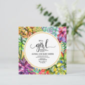 黄色のティール（緑がかった色）紫色の多肉乳児ガールシャワー 招待状 (スタンド正面)