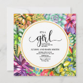 黄色のティール（緑がかった色）紫色の多肉乳児ガールシャワー 招待状 (正面)