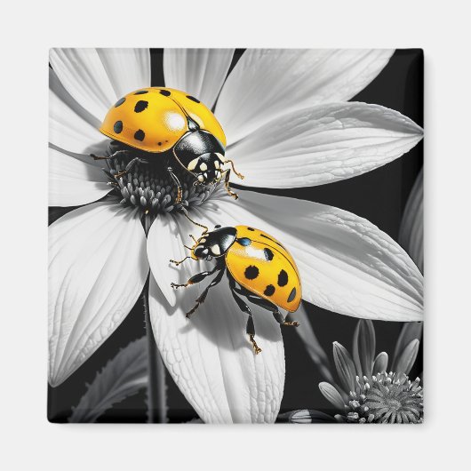 黄色のテンポウムシのカブトムシ白黒花 マグネット (正面)