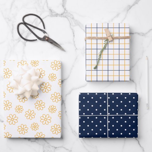 黄色のデイジーとネイビーラッピング紙シート ラッピングペーパーシート (正面)