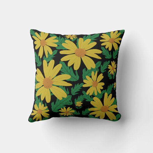 黄色のデイジーの花と葉緑の丸薬 クッション (裏面)