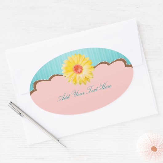 黄色のデイジーオンピンク&ティール(緑がかった色)カスタマイズ 楕円形シール (封筒)