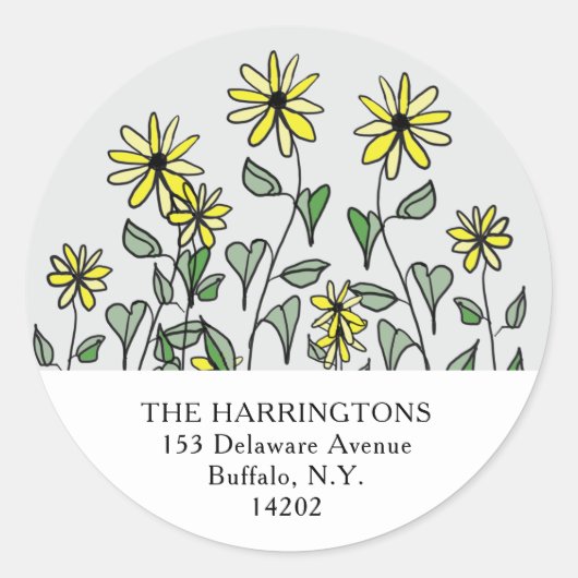 黄色のデイジー手描きフローラ差出人住所 ラウンドシール (正面)