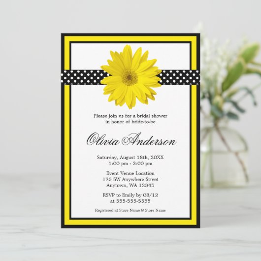 黄色のデイジー水玉模様ブライダルシャワー招待状 招待状 (スタンド正面)