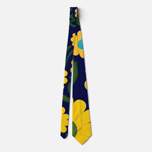 黄色のデイジー青の背景の花のパターン ネクタイ (裏面)