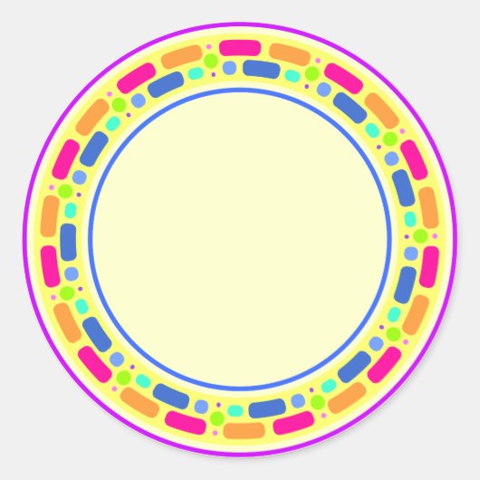 黄色のデザインとカラフル縁ど ラウンドシール (正面)