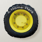 黄色のトラクタホイールパーソナライズされたタイヤ名 ラウンドクッション (正面)