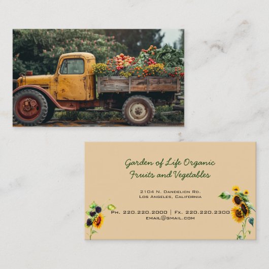 黄色のトラック農場ひまわり花を生産 名刺 (正面/裏面)