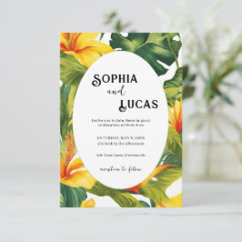 黄色のトロピカルフラワーのウェディング招待状 エンクロージャーカード