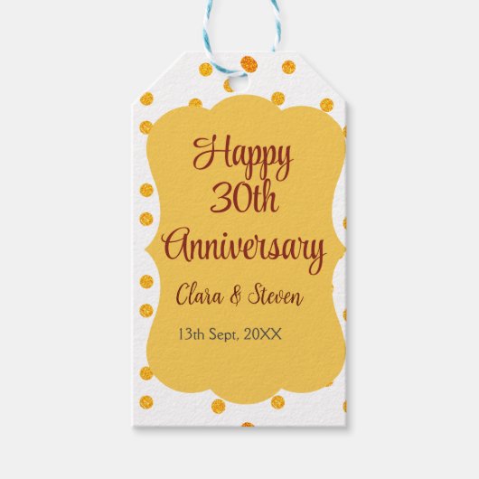 黄色のドットがきらきらと光る、幸せな30周年結婚記念日 ギフトタグ (正面)