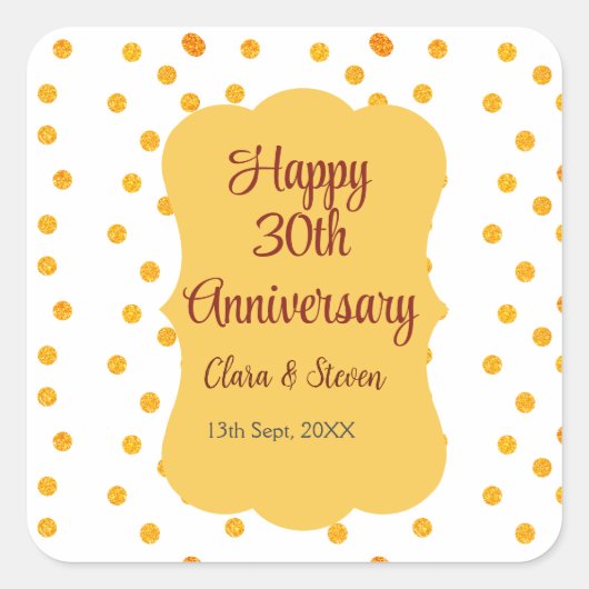 黄色のドットがきらきらと光る、幸せな30周年結婚記念日 スクエアシール (正面)