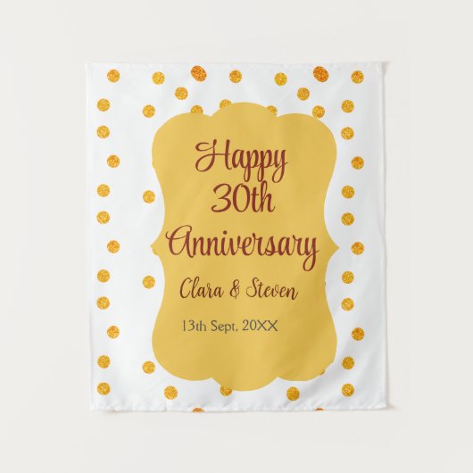 黄色のドットがきらきらと光る、幸せな30周年結婚記念日 タペストリー (正面)