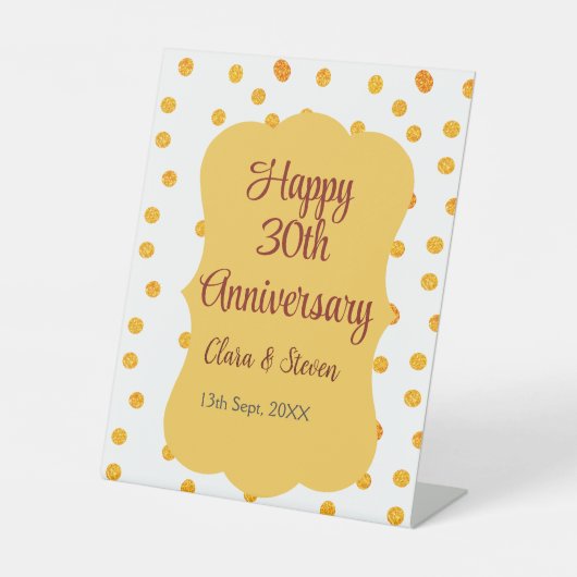 黄色のドットがきらきらと輝く幸せな30周年結婚記念日 台座サイン (正面)