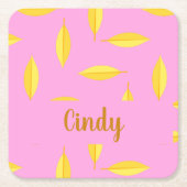黄色のドライ葉名前をカスタムするピンク スクエアペーパーコースター (正面)