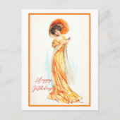 黄色のドレスの女性、ハッピーバースデー ポストカード (正面)