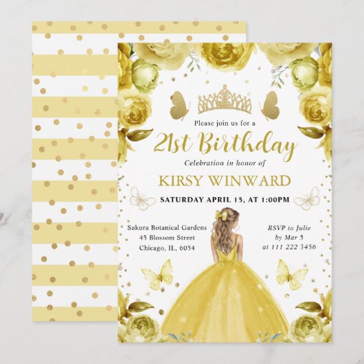 黄色のドレスの金髪プリンセスの誕生日 招待状 (正面/裏面)