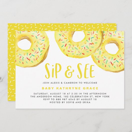黄色のドーナツ散水赤ちゃんシャワーsipと参照 招待状 (正面/裏面)