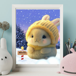 黄色のニット帽と雪のスカーフが付いた可愛いウサギ ポスター