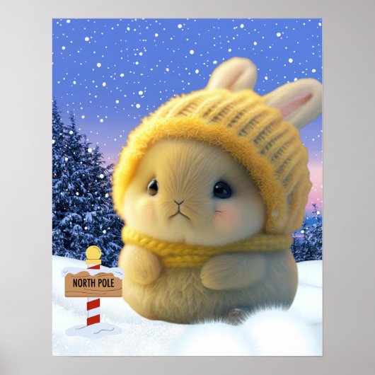 黄色のニット帽と雪のスカーフが付いた可愛いウサギ ポスター (正面)