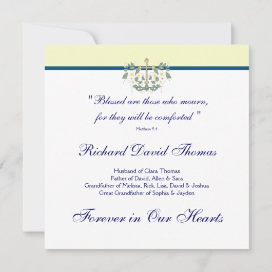 黄色のネイビーブルークロス愛の記憶のメモリアル 招待状 (裏面)