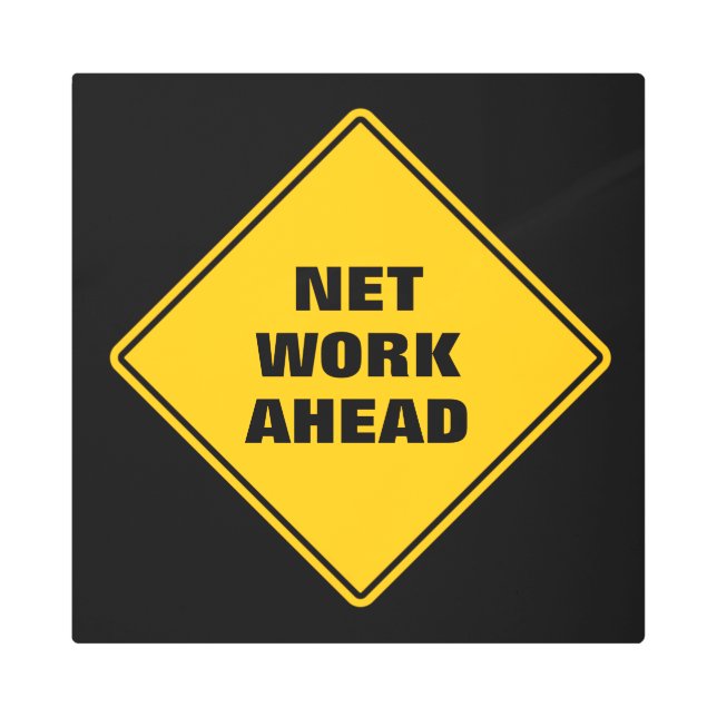 黄色のネットワーク前方クラシック道路標識 メタルプリント (正面)