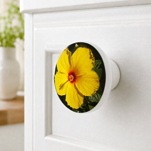 黄色のハイビスカスの花の陶器のつまみ セラミックノブ