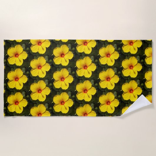 黄色のハイビスカスの花模様 ビーチタオル (正面)