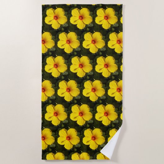 黄色のハイビスカスの花模様 ビーチタオル (正面)