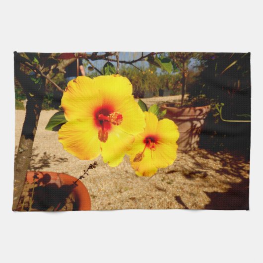 黄色のハイビスカステオル キッチンタオル (横)