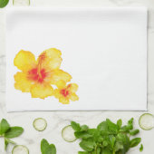 黄色のハイビスカスハワイアンフローラ花の水色 キッチンタオル (折り畳み)