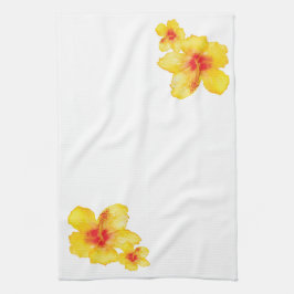 黄色のハイビスカスハワイアンフローラ花の水色 キッチンタオル
