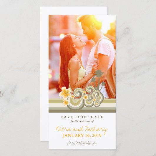 黄色のハイビスカス熱帯トープ波ビーチ写真 セーブザデート (正面/裏面)