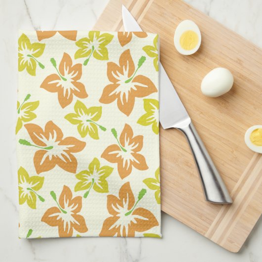 黄色のハイビスカス、オレンジのハイビスカス、フローラルパターン キッチンタオル (四つ折り)
