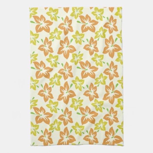 黄色のハイビスカス、オレンジのハイビスカス、フローラルパターン キッチンタオル (縦)