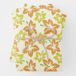 黄色のハイビスカス、オレンジのハイビスカス、フローラルパターン ラッピングペーパーシート