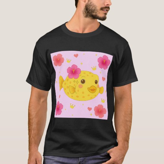 黄色のハコフグとハイビスカス - ピンク Tシャツ (正面)