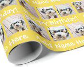 黄色のハッピーバースデー名6正方形フォトコラージュ ラッピングペーパー (ロールコーナー)