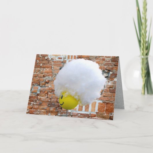 黄色のハッピー顔アンテナ トッパー、もふもふ雪帽子 シーズンカード (正面)