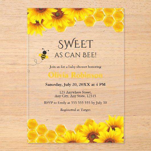 黄色のハニカムスイートビーの赤ちゃんシャワー アクリル招待状 (正面)
