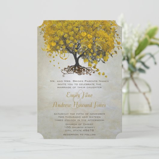 黄色のハートリーフツリーの結婚式の招待 招待状 (スタンド正面)