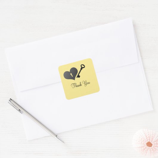 黄色のハートロックと鍵ありがとうシール スクエアシール (封筒)