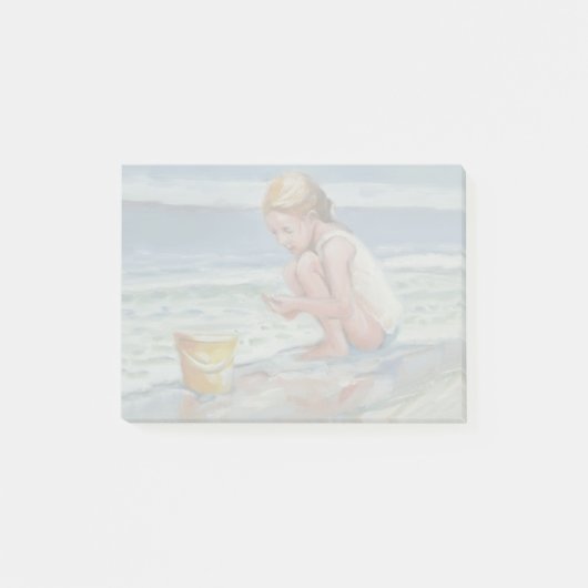 黄色のバケツを持つ小さな浜辺の貝拾い少女 ポストイット (正面)