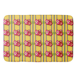 黄色のバスマットにピンクの花の模様 バスマット